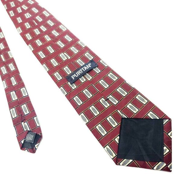 Puritan Red Silk Tie Woven Wide Short Geometric - Picture 3 of 6